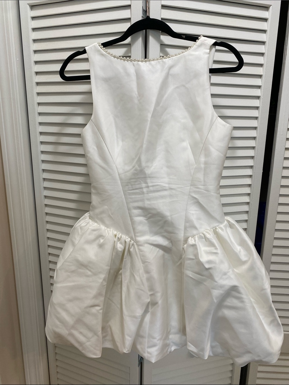 Ivory Satin Cocktail Dress with Pearl-Trim Neckline